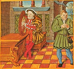 Henry VIII playing a harp, with his fool Will Somers; from the King's Psalter